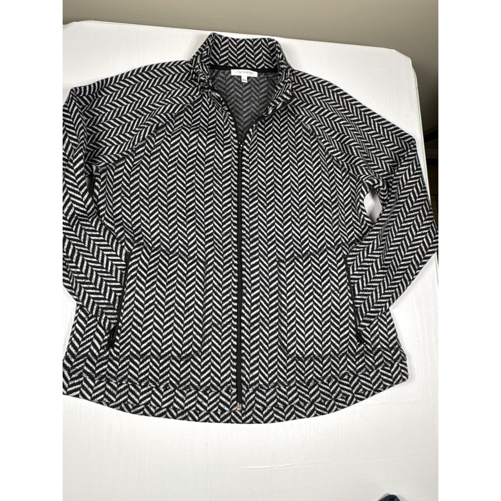T by Talbots Womens LP Black White Herringbone Chevron Full Zip Mock Neck Jacket